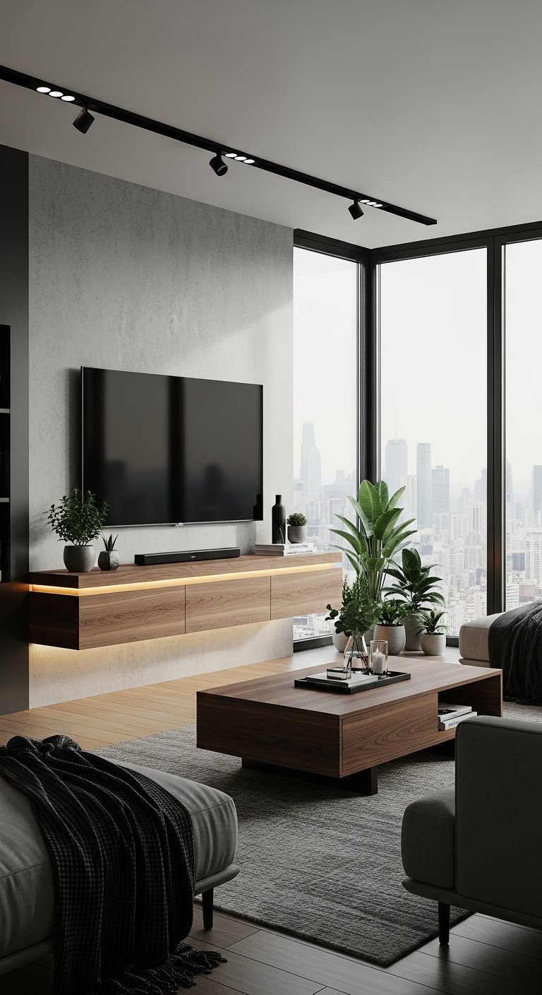 Meuble TV flottant en bois avec éclairage LED dans un salon moderne