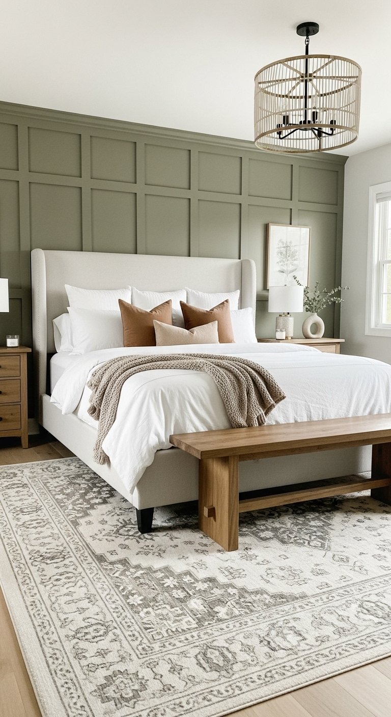 Mur daccent vert sauge avec lit en tissu beige et banc en bois