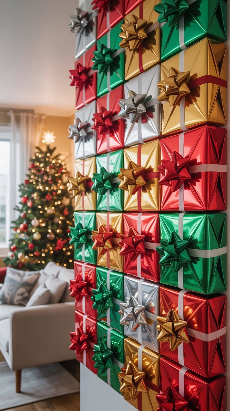 Mur décoratif entièrement couvert de cadeaux de noel emballés