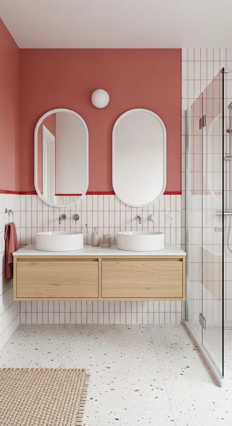 Mur peint terracotta au dessus dun carrelage blanc à joints rouges