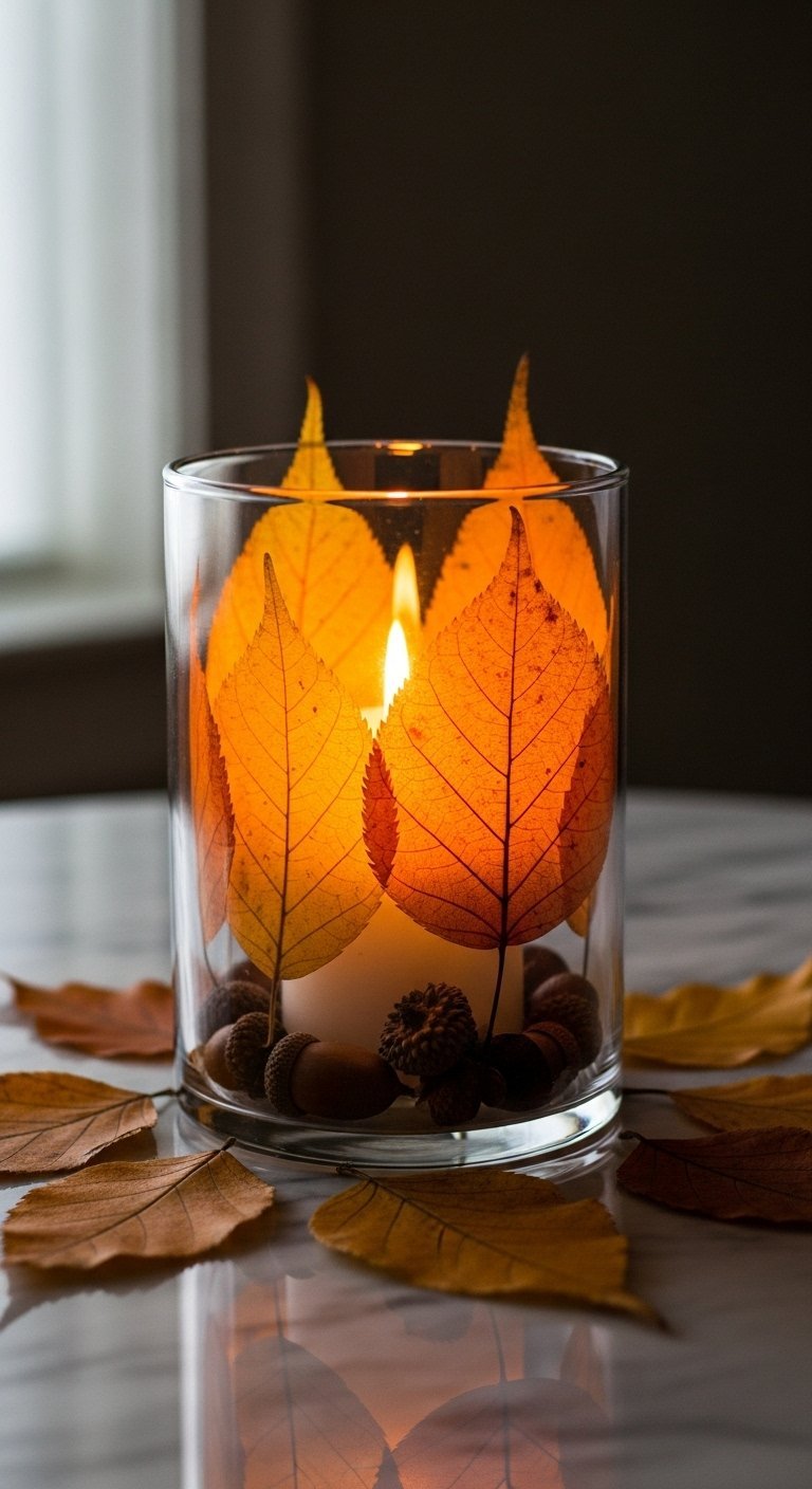 Photophore DIY avec une bougie et des feuilles d automne pressées contre le verre