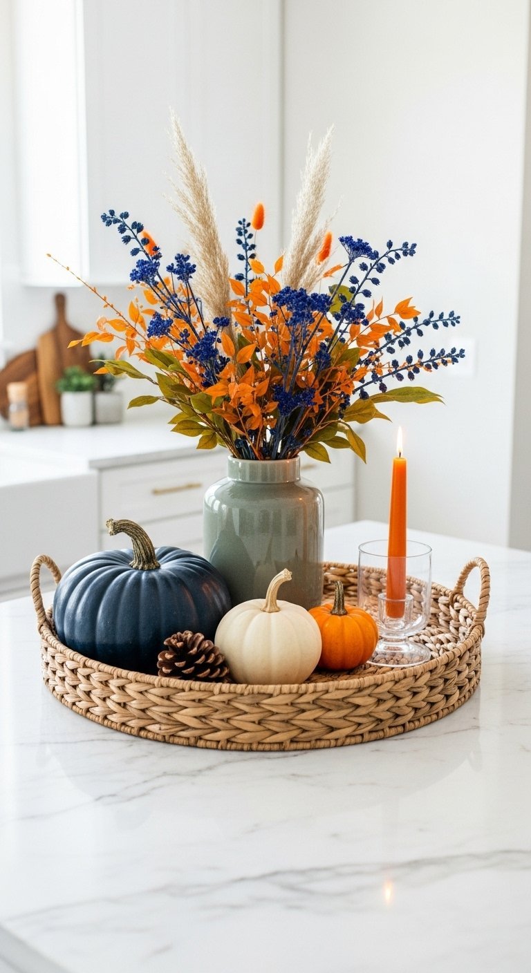 Plateau decoratif sur un comptoir de cuisine avec un bouquet et des citrouilles colorees