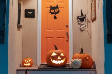 Porche avec une porte orange decoree de citrouilles et de chauves souris en papier