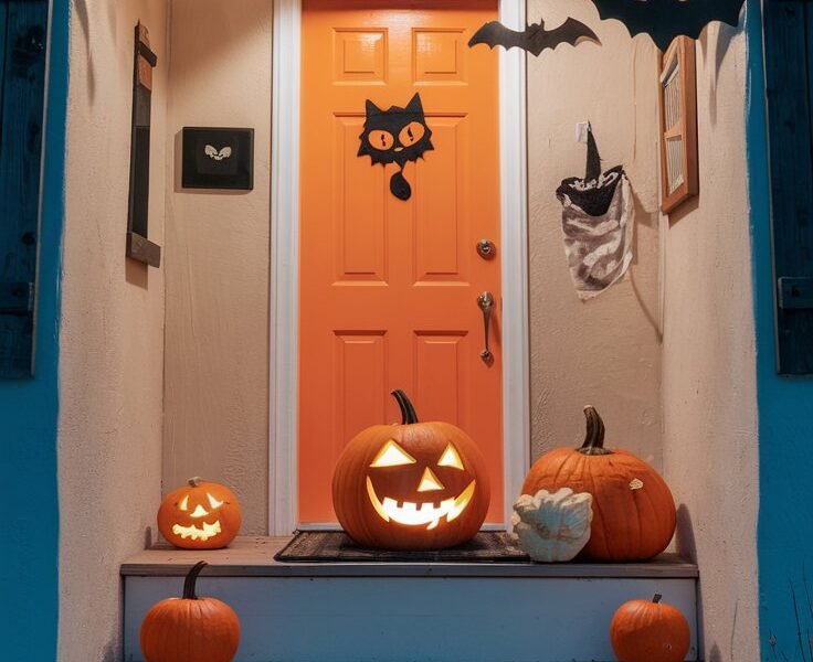 Porche avec une porte orange decoree de citrouilles et de chauves souris en papier