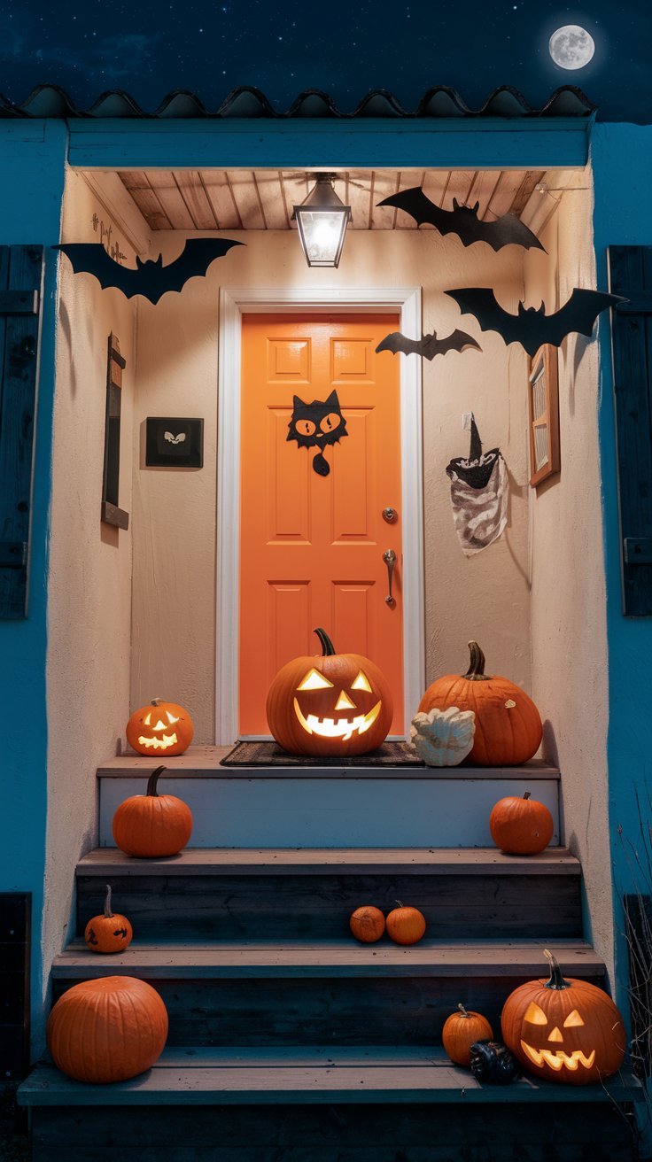 Porche avec une porte orange decoree de citrouilles et de chauves souris en papier