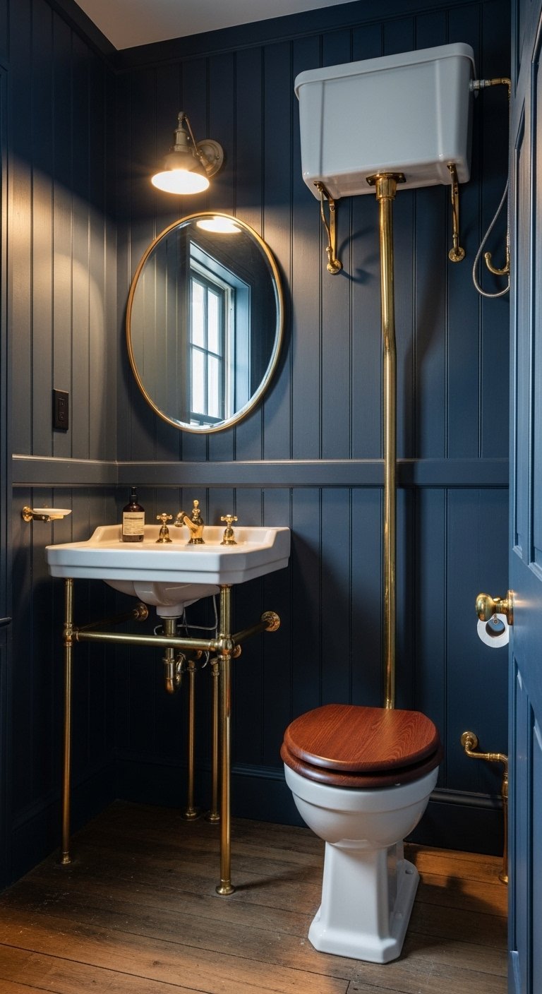 Salle de bain bleue marine avec tuyauterie en laiton apparente