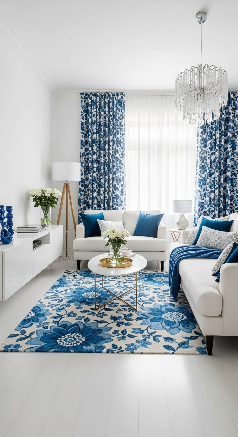 Salon blanc avec tapis et rideaux à motifs floraux bleus