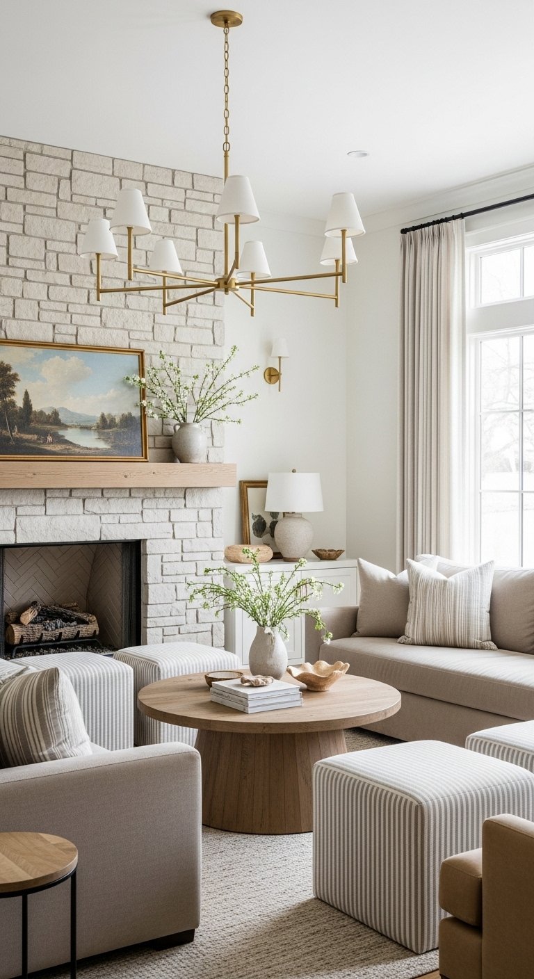 Salon chic avec cheminée en pierre blanche et lustre en laiton