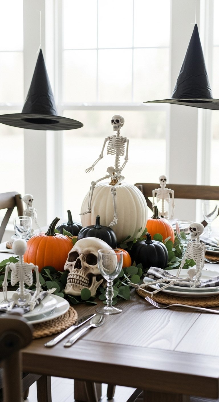 Table decoree de squelettes assis sur des citrouilles