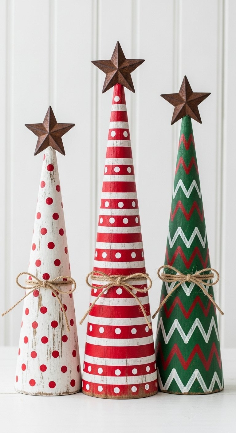 Trio de sapins coniques en bois peints avec des motifs rouges et verts
