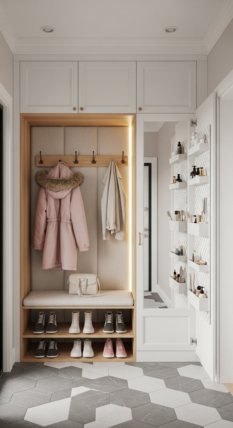 Vestiaire avec miroir cachant un rangement a cosmetiques