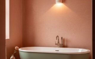 Baignoire ilot vert sauge devant des murs terracotta rosés
