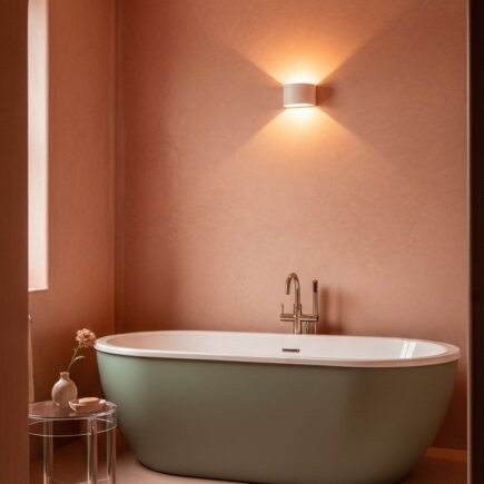 Baignoire ilot vert sauge devant des murs terracotta rosés