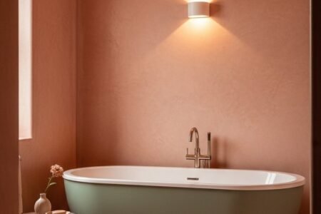 Baignoire ilot vert sauge devant des murs terracotta rosés