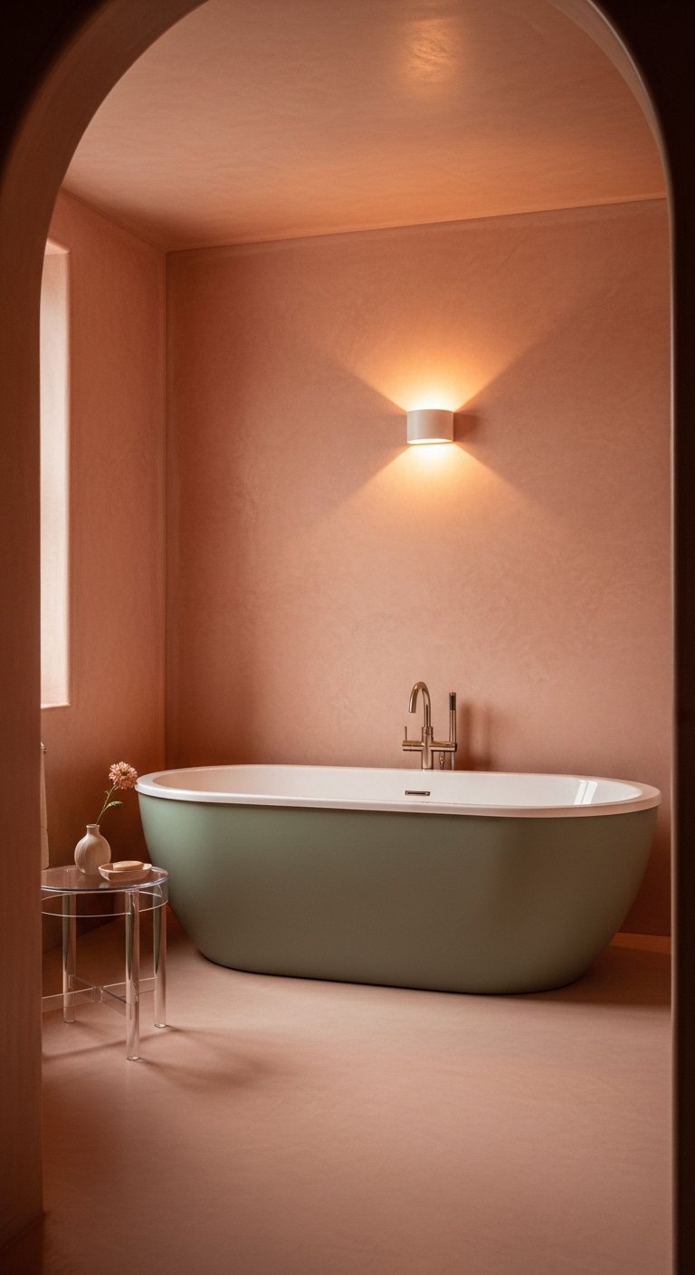 Baignoire ilot vert sauge devant des murs terracotta rosés