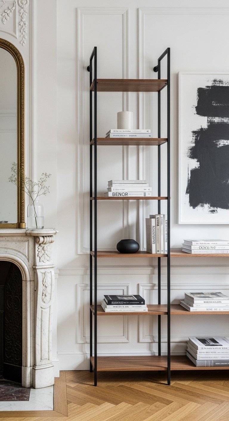 Bibliotheque de style industriel avec structure en metal et etageres en bois