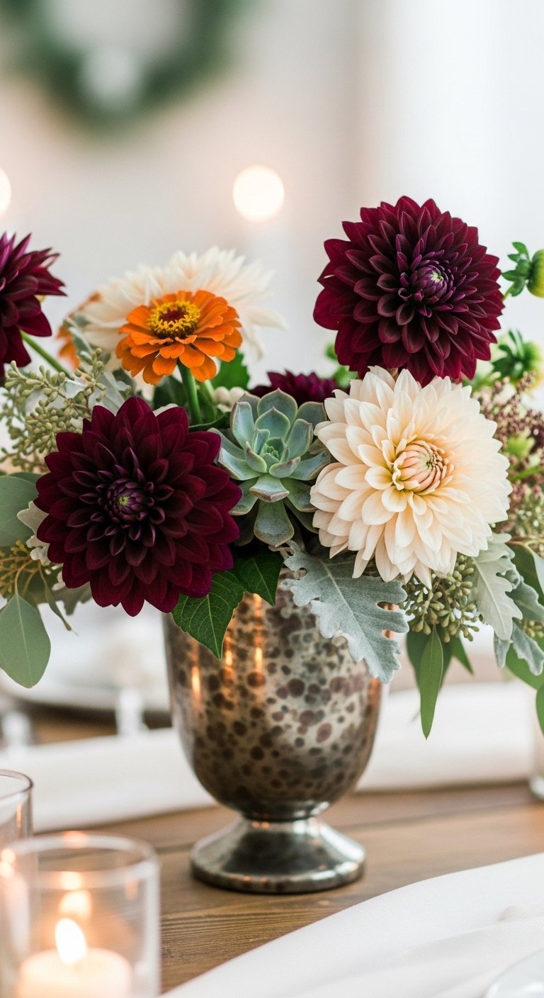 Bouquet romantique avec des dahlias bordeaux et crème dans un vase en verre mercurisé
