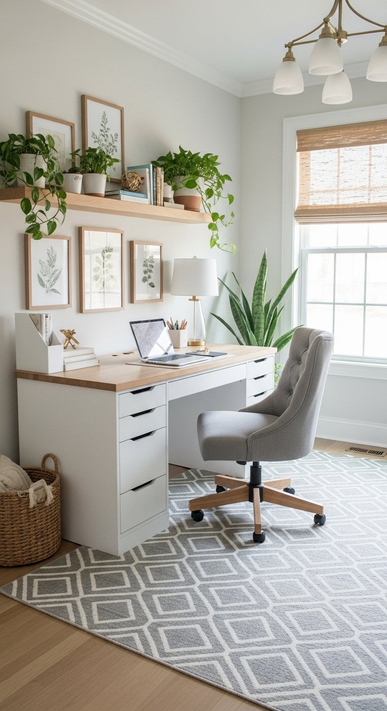 Bureau blanc et bois avec chaise grise et galerie de cadres botaniques