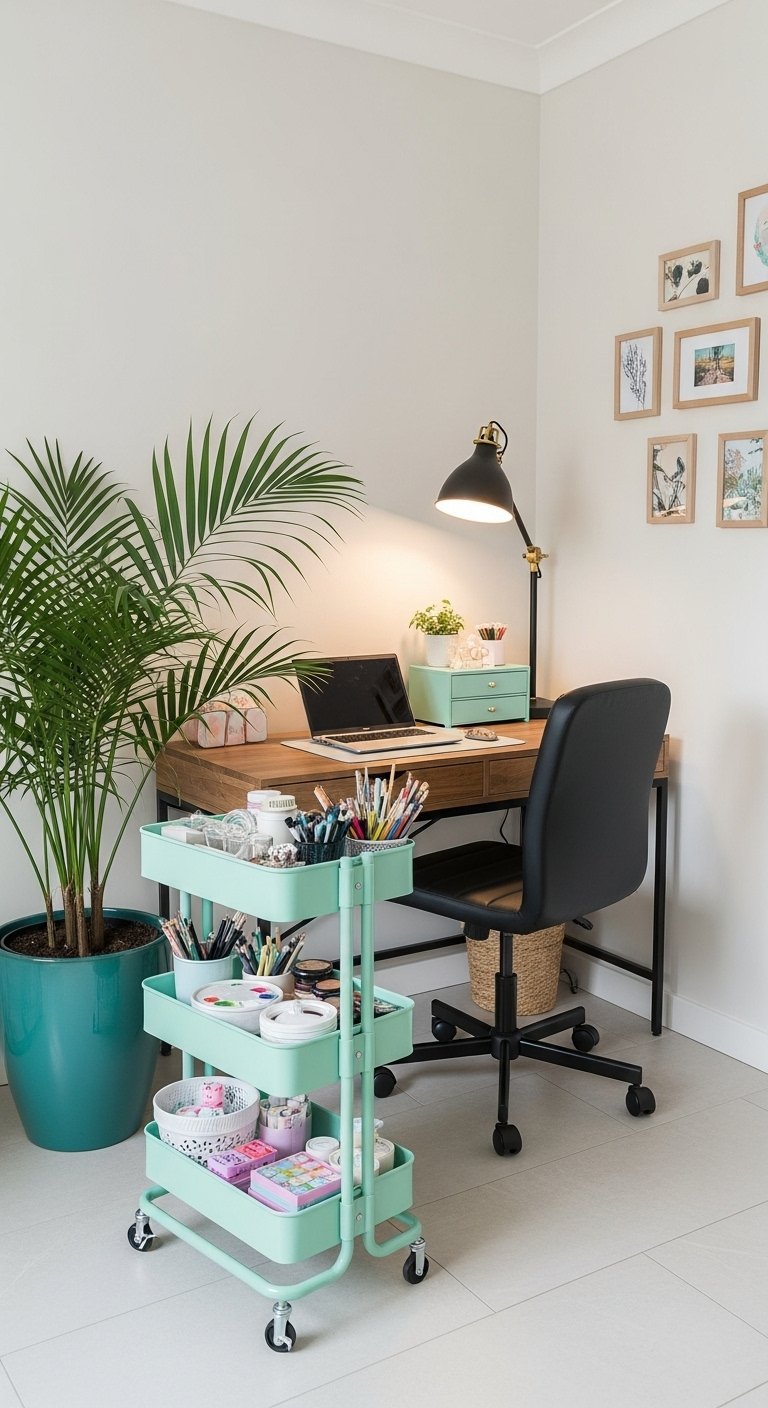 Bureau échelle blanc et or avec une chaise en velours matelassé vert d eau