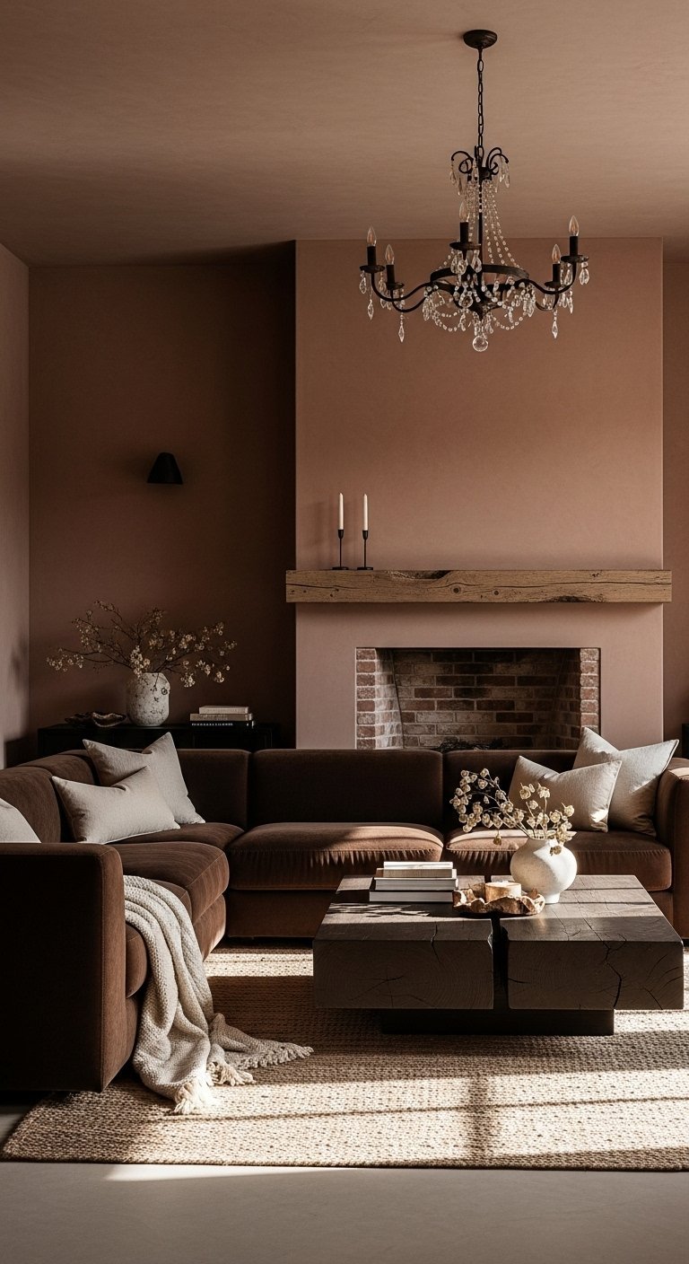 Canape sectionnel en velours marron dans un salon elegant aux murs terracotta