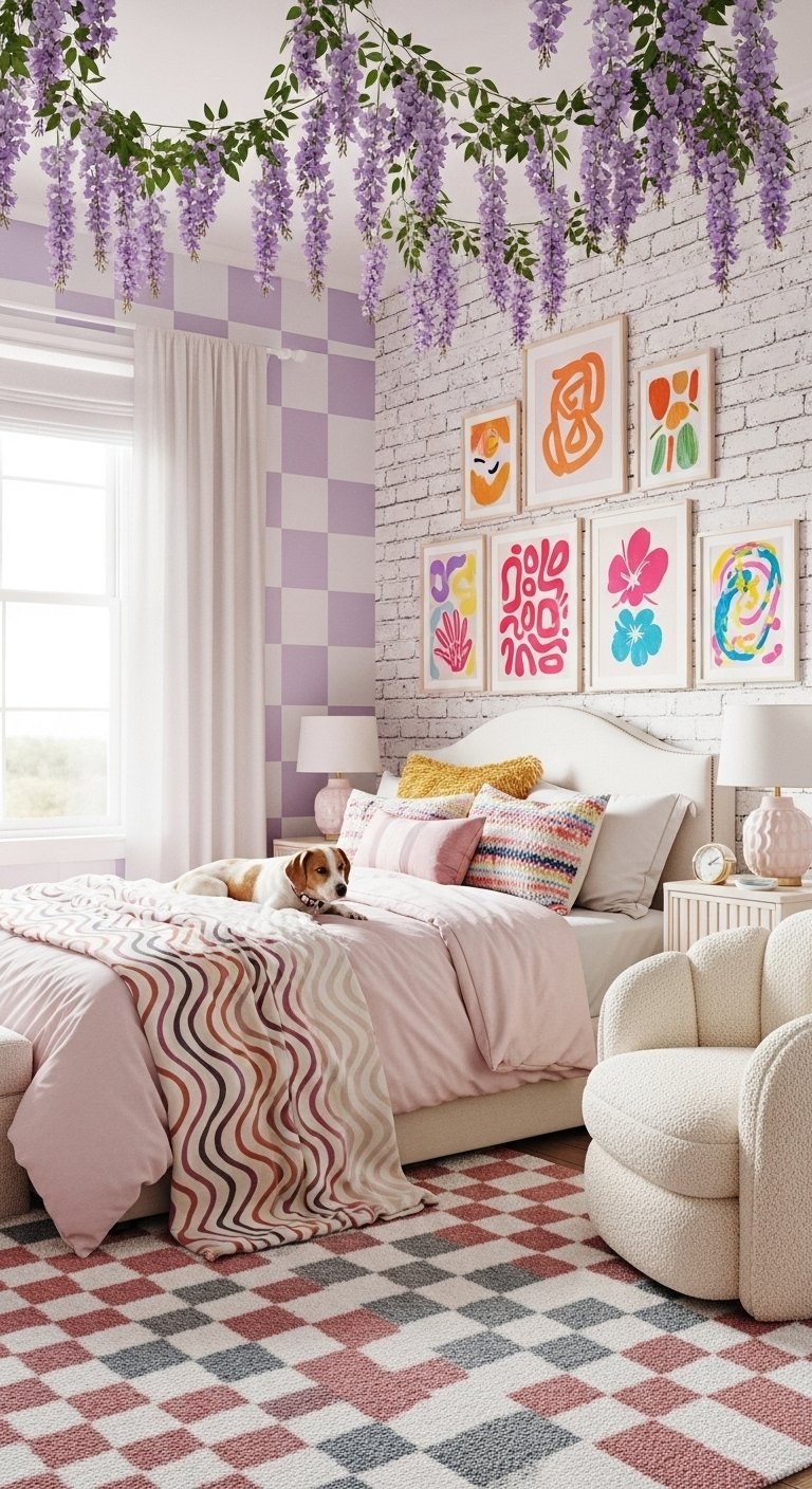 Chambre colorée avec mur à damier lavande et glycine suspendue