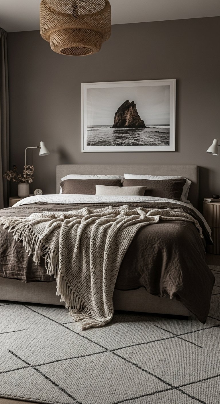 Chambre masculine minimaliste avec des tons taupe et marron