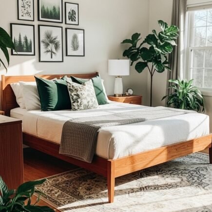 Chambre mid century avec lit en bois et mur de cadres botaniques