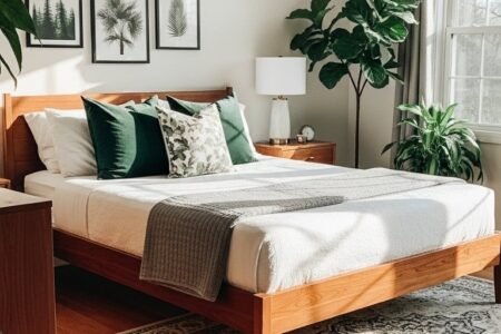 Chambre mid century avec lit en bois et mur de cadres botaniques