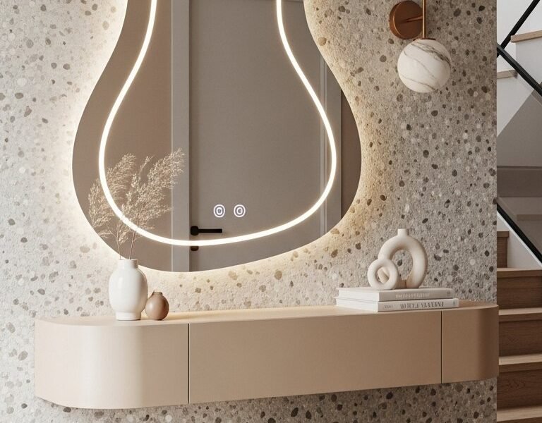 Console flottante sur mur terrazzo avec miroir de forme organique eclaire
