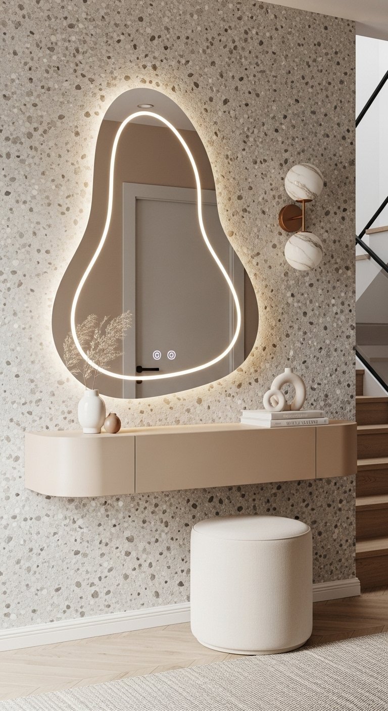 Console flottante sur mur terrazzo avec miroir de forme organique eclaire