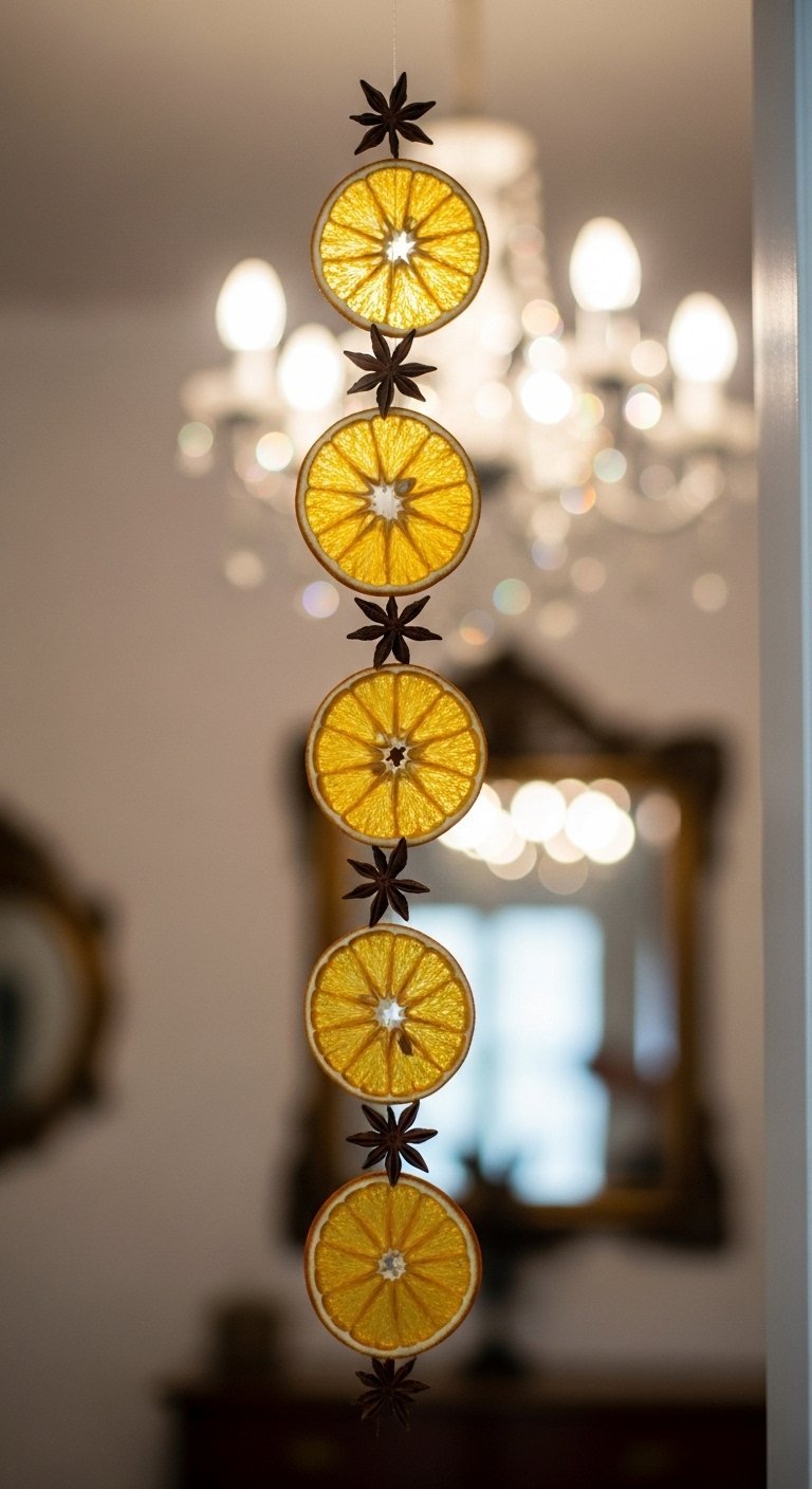 Guirlande verticale faite de tranches d orange séchée et d anis étoilé