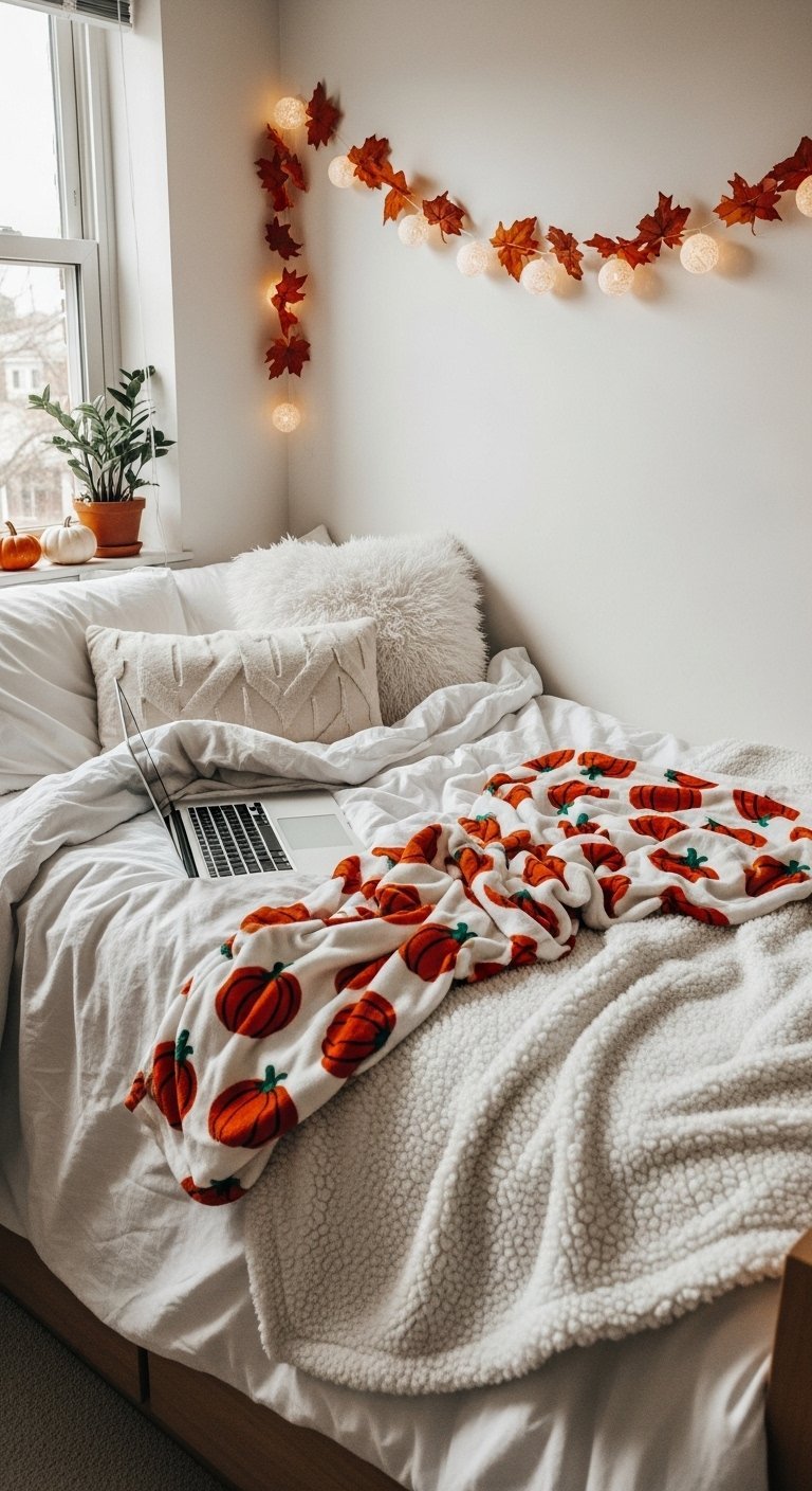 Lit avec une couverture a motifs de citrouilles et un ordinateur portable