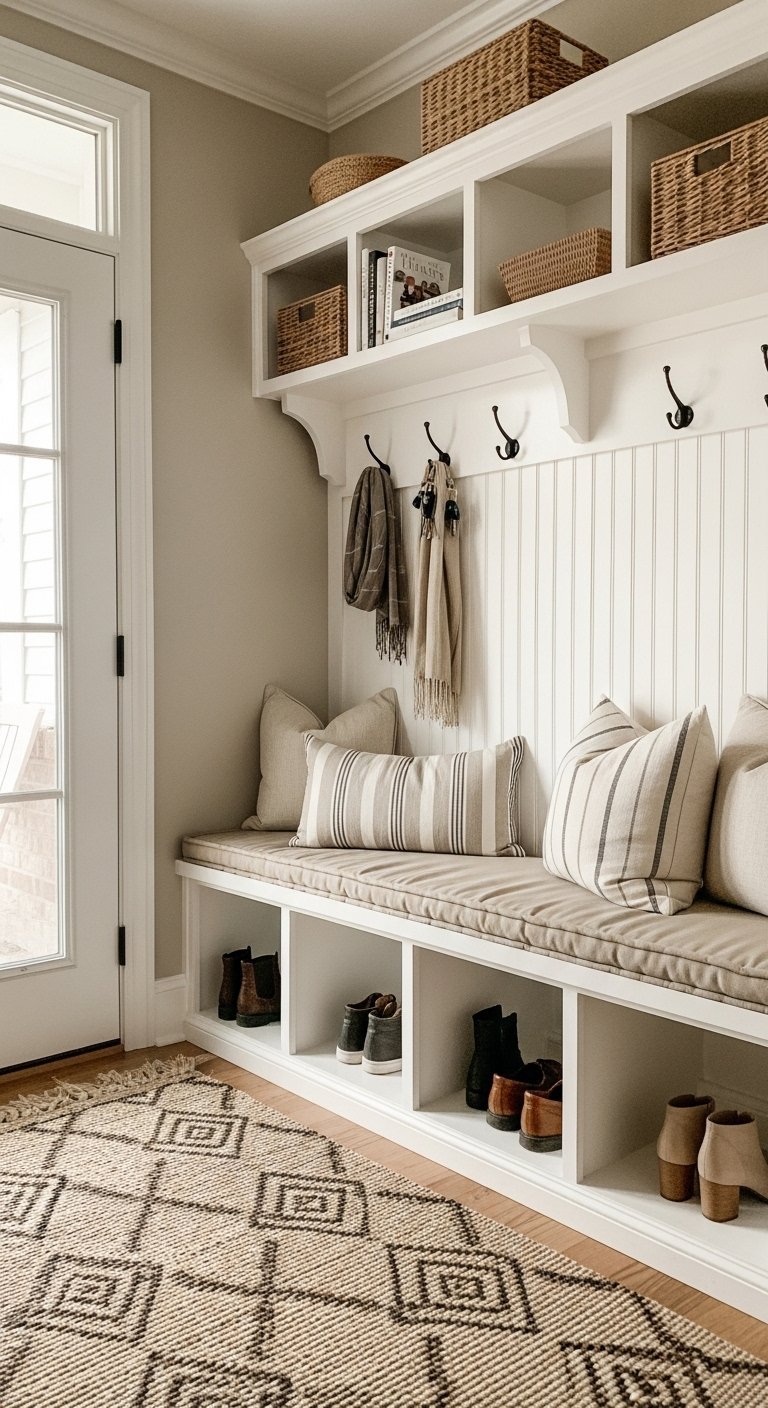 Longue banquette d entree de style campagne avec etageres