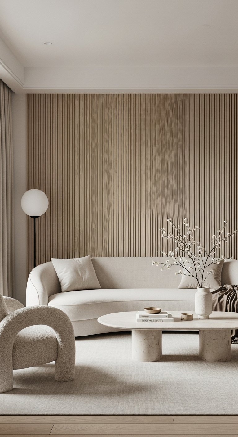 Mur d accent en tasseaux de bois rose derrière un canapé blanc design