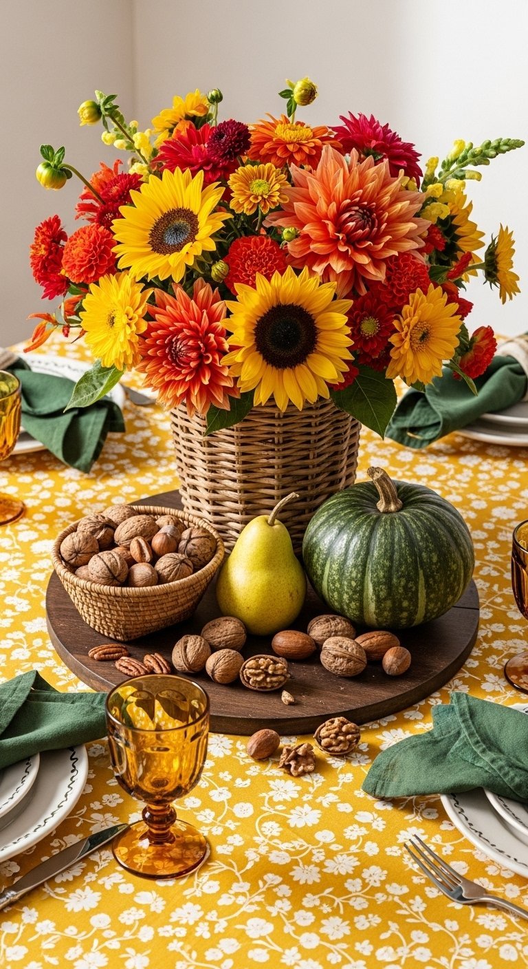 Panier de tournesols et de dahlias à côté d un plateau de noix et de fruits