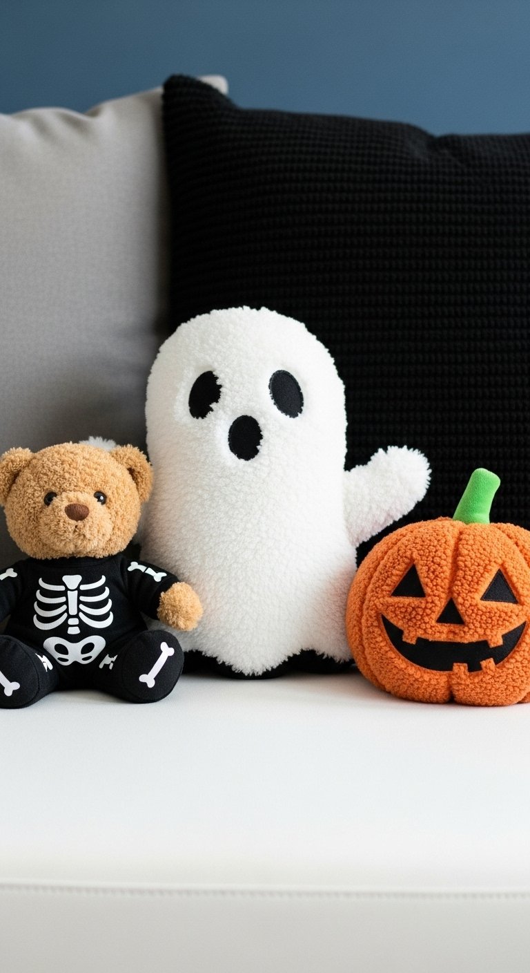 Peluches d Halloween dont un ours en squelette un fantôme et une citrouille