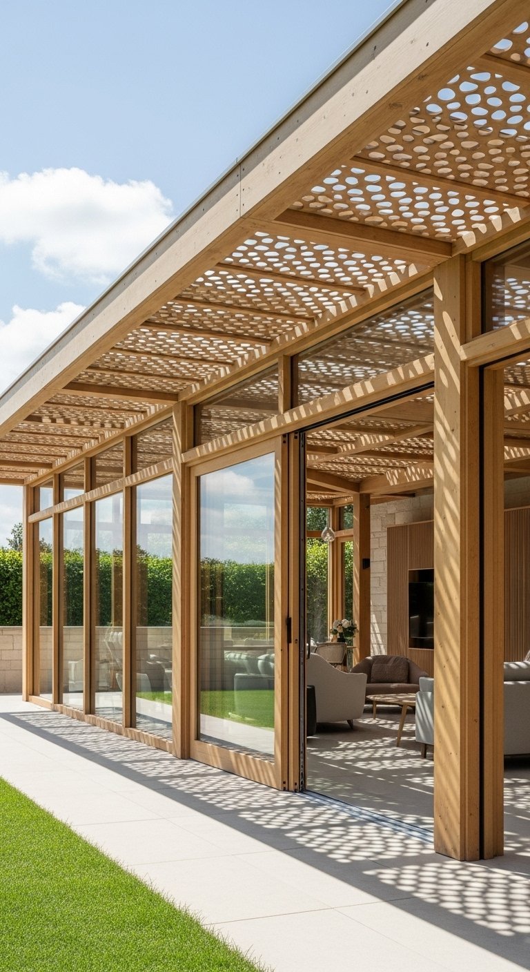Pergola architecturale en bois avec un toit à motifs perforés