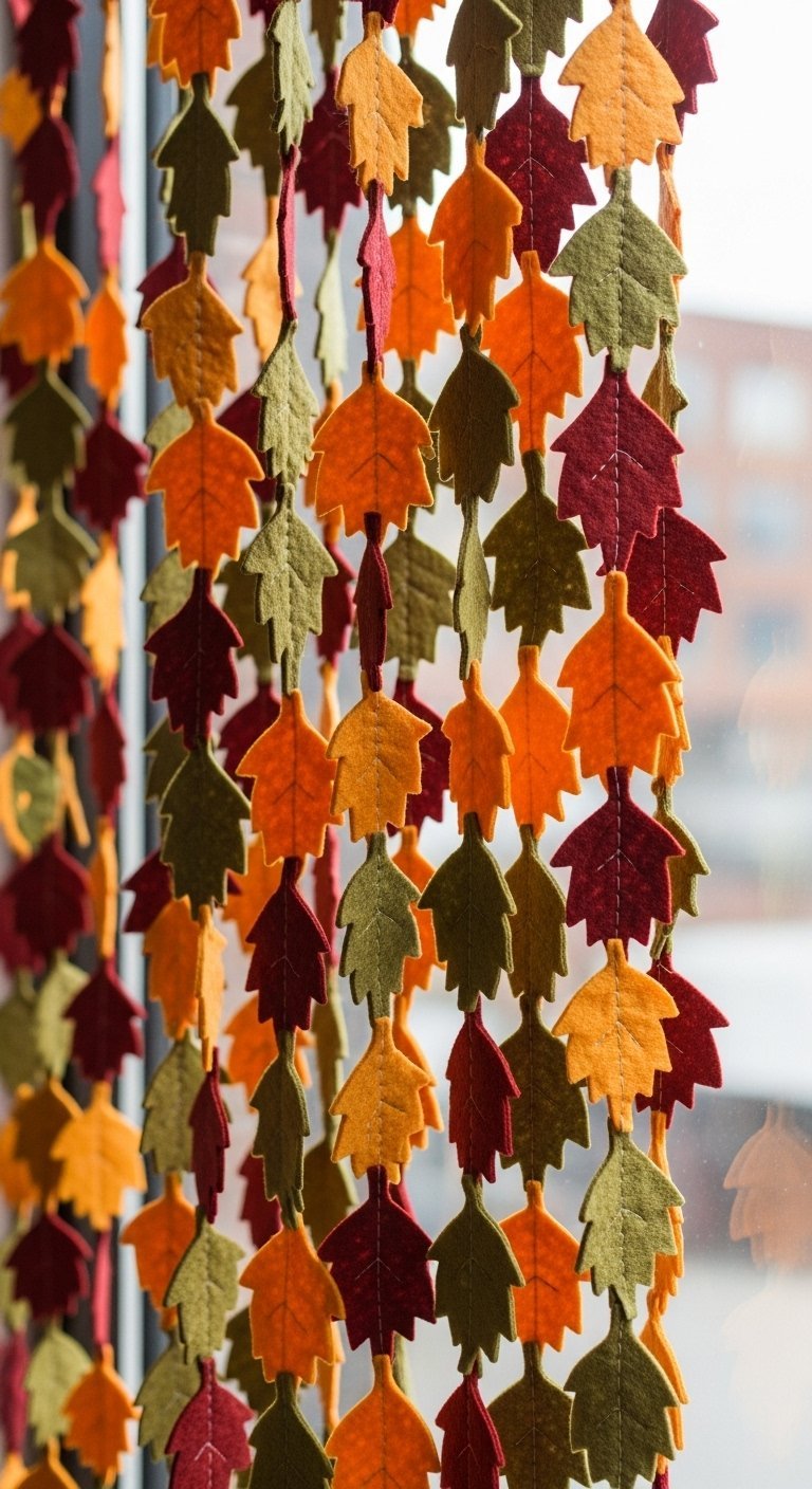 Rideau composé de guirlandes verticales de feuilles en feutrine colorées