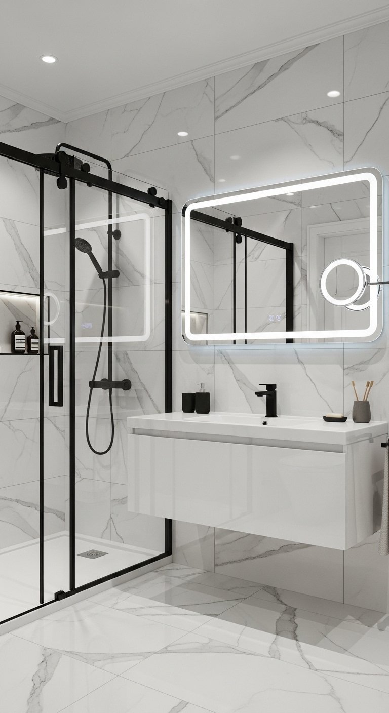 Salle de bain blanche et marbre avec douche à cadre noir