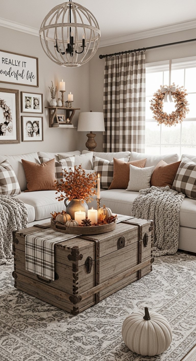Salon farmhouse avec motifs à carreaux et table malle en bois