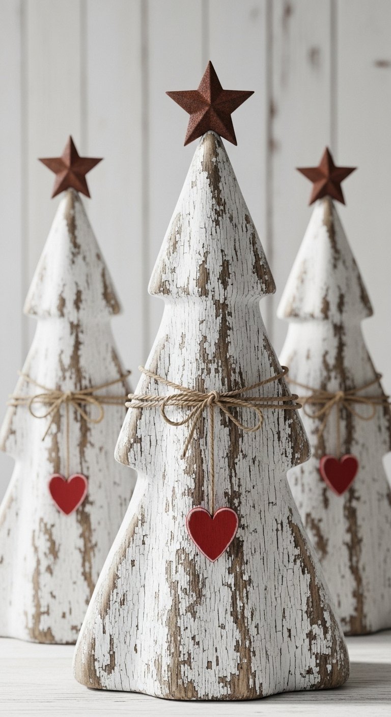 Trois sapins en bois blanc avec une finition peinture craquelee et des coeurs rouges