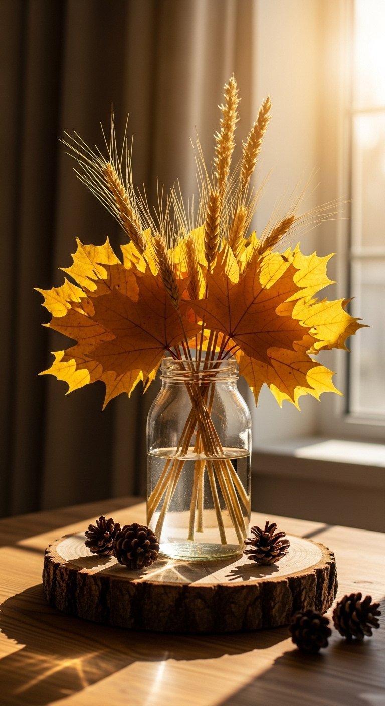 Vase en verre avec des feuilles d érable jaunes et des épis de blé