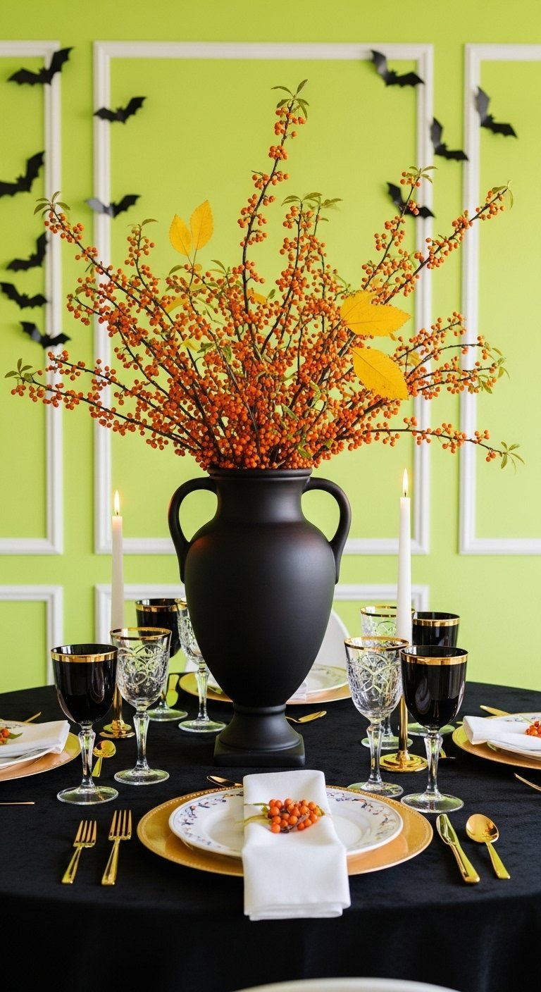 Vase noir mat avec des baies orange devant un mur vert vif