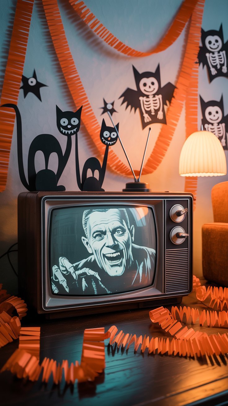 Vieux televiseur affichant un film d horreur entoure de decorations en papier orange et noir