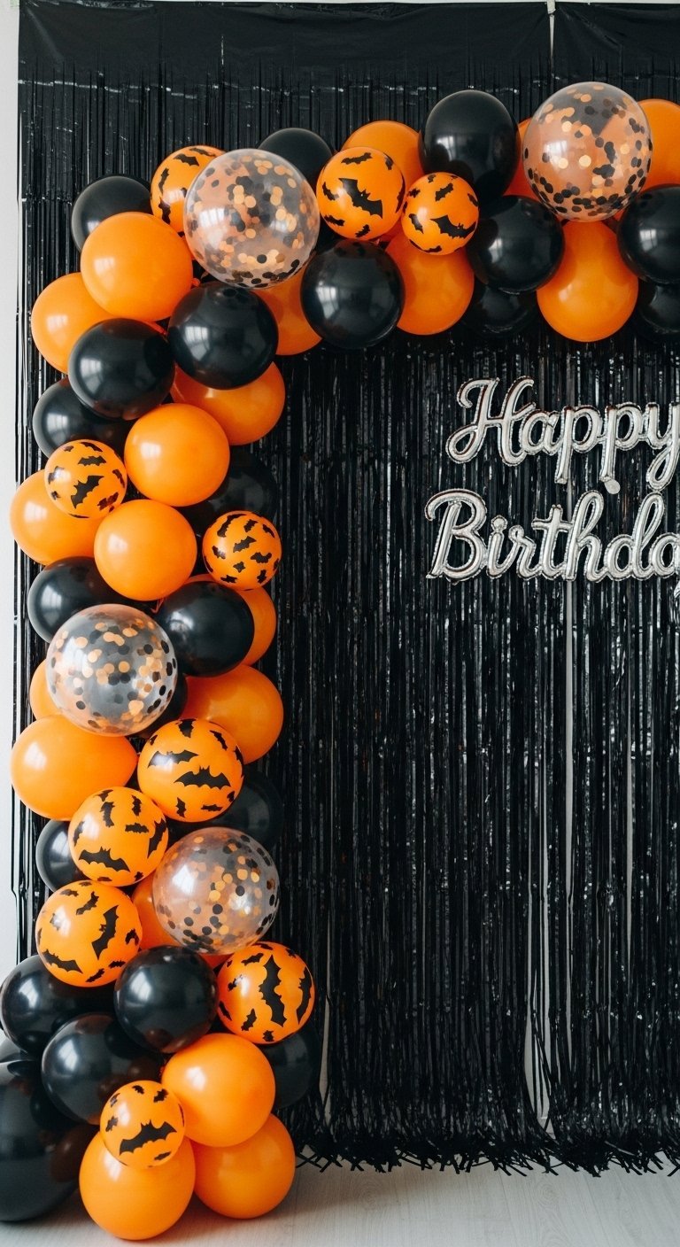 Arche de ballons orange et noirs devant un rideau à franges pour une fête