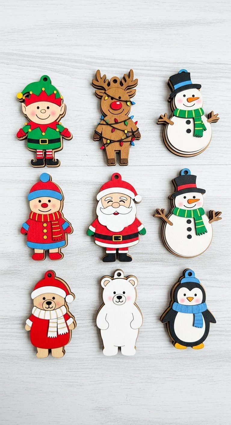 Assortiment de neuf figurines de noel en bois a suspendre