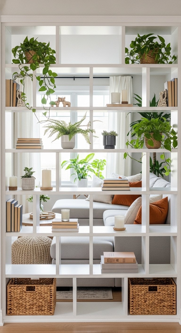 Bibliotheque blanche ouverte utilisee comme separateur de piece avec plantes