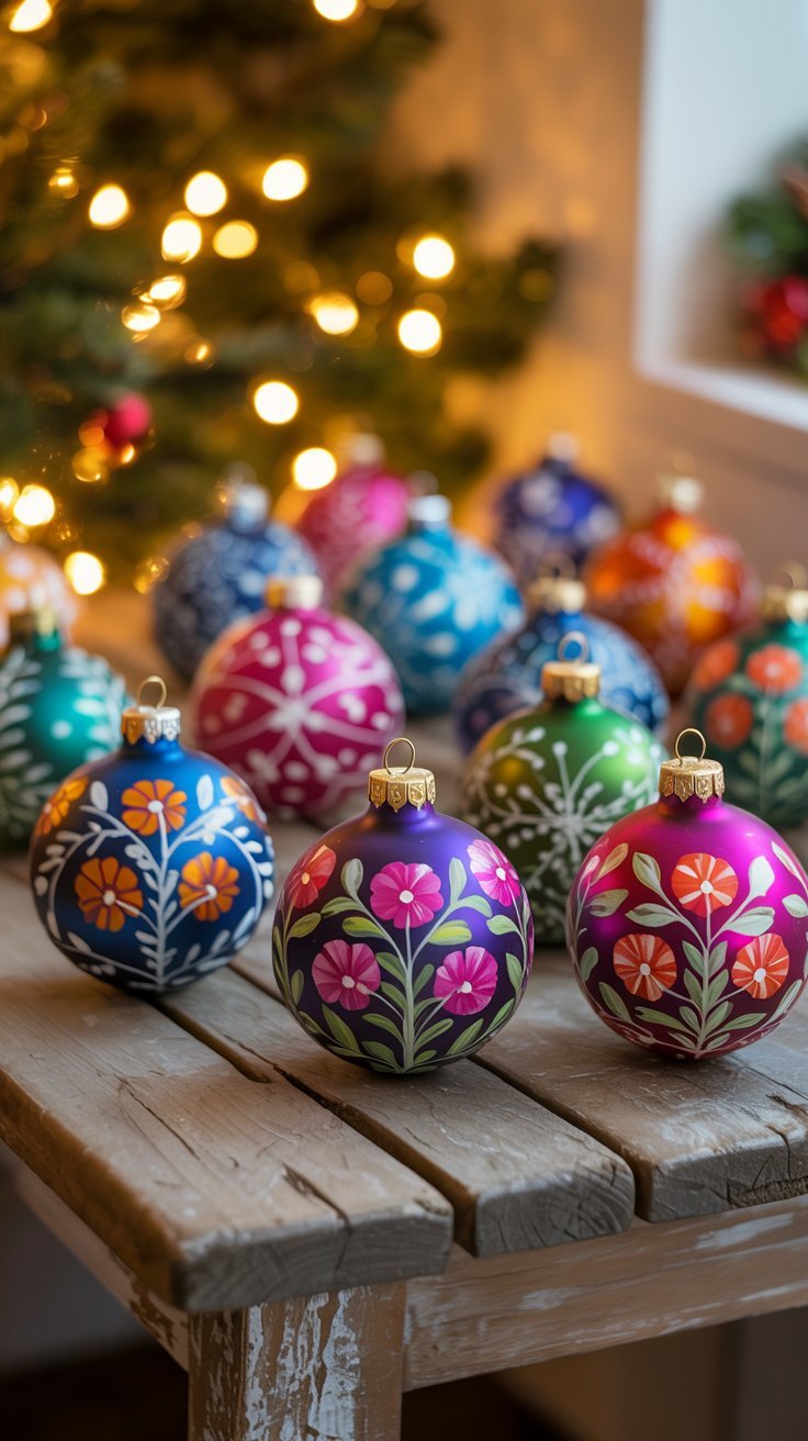 Boules de noel colorées avec des motifs de fleurs peints à la main