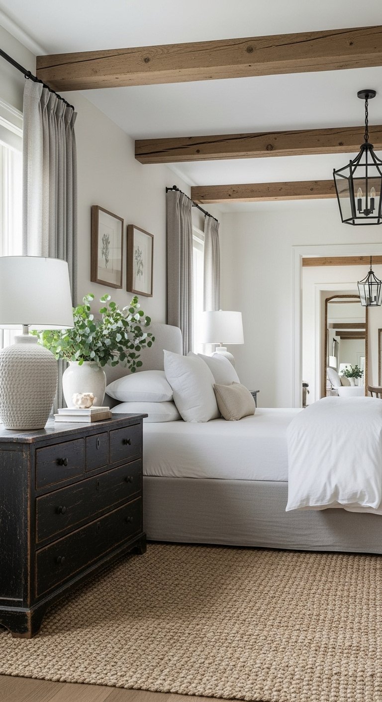 Chambre farmhouse moderne avec poutres en bois et commode noire