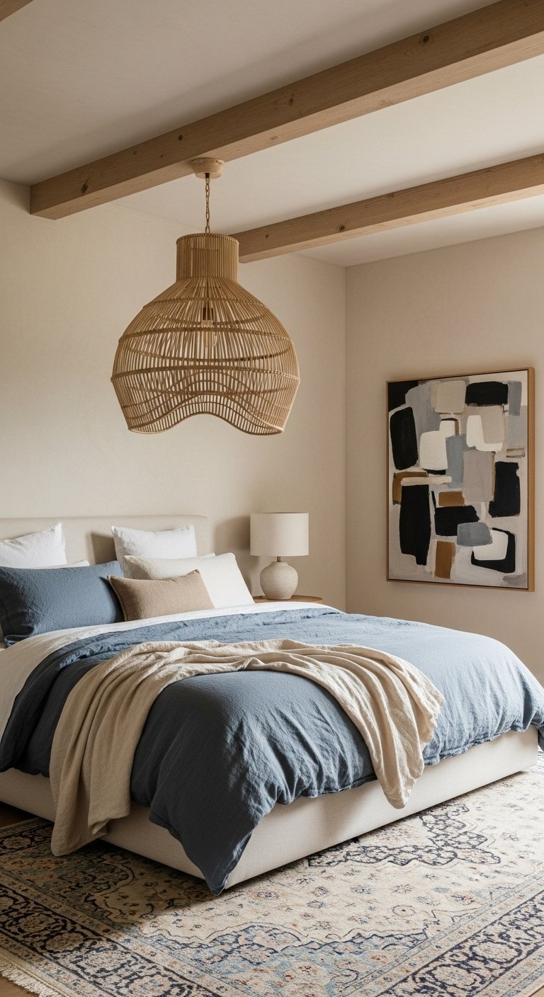 Chambre style Japandi avec suspension en rotin et lit bleu